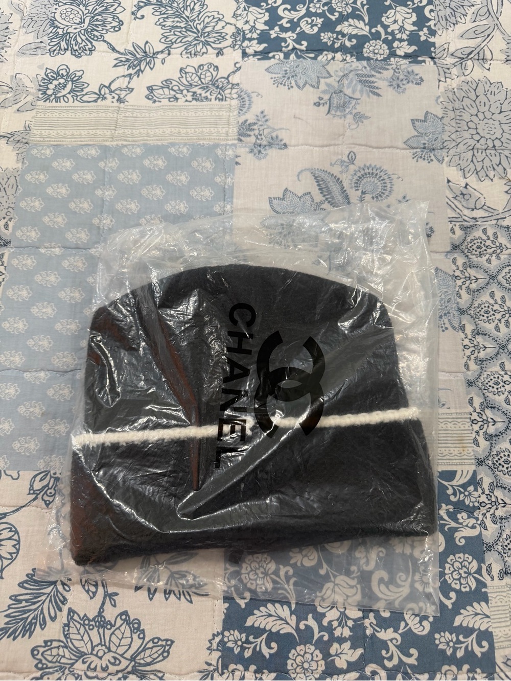 CHANEL Black Beanie with White Contrast Stripe